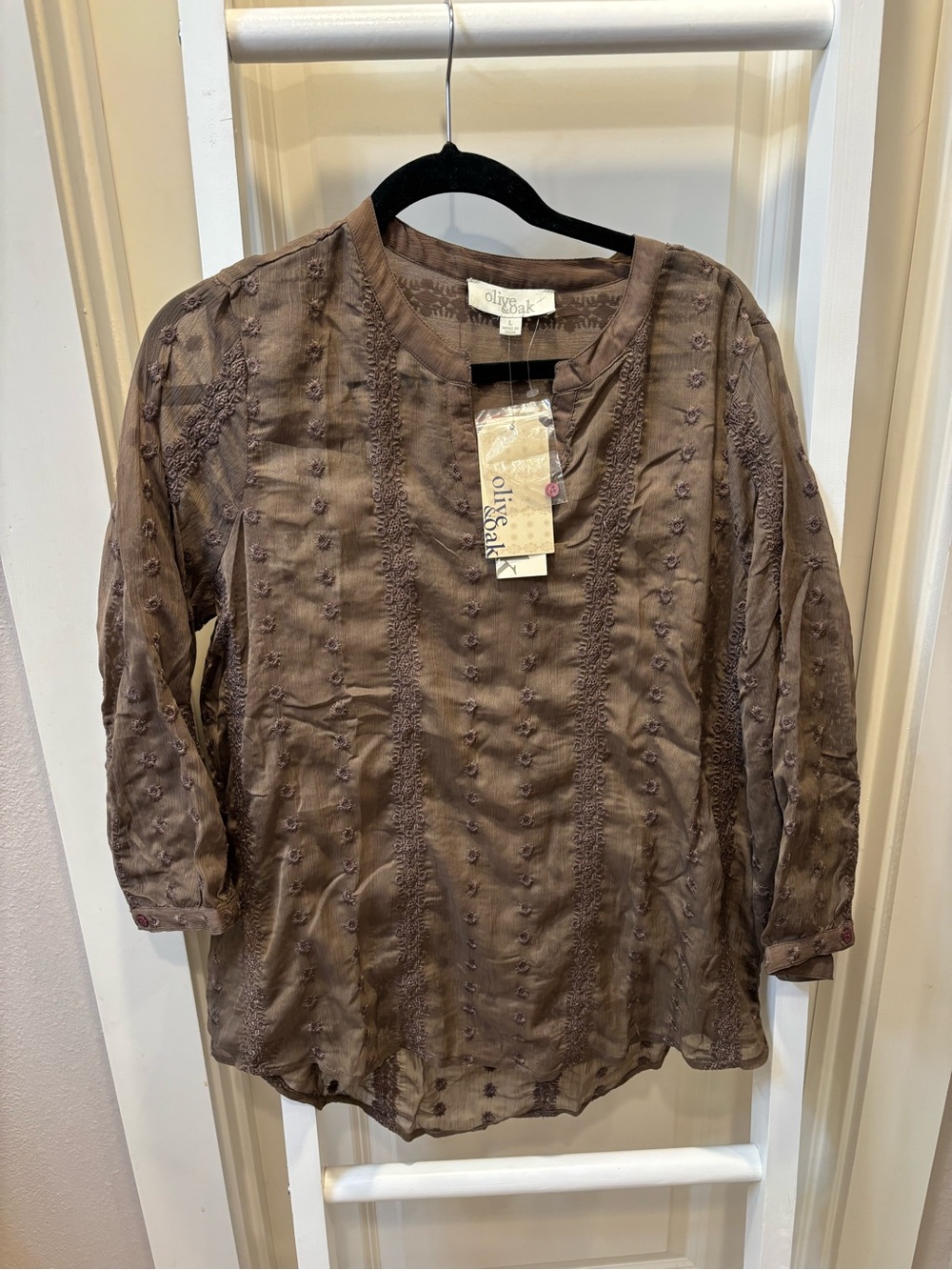 Olive & Oak Taupe Brown Embroidered Blouse